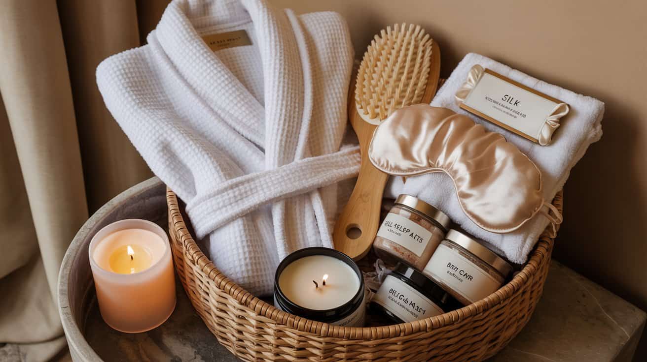 Luxury spa gift hamper with robe, silk mask, bath salts, candle, and body butter arranged in a woven basket.