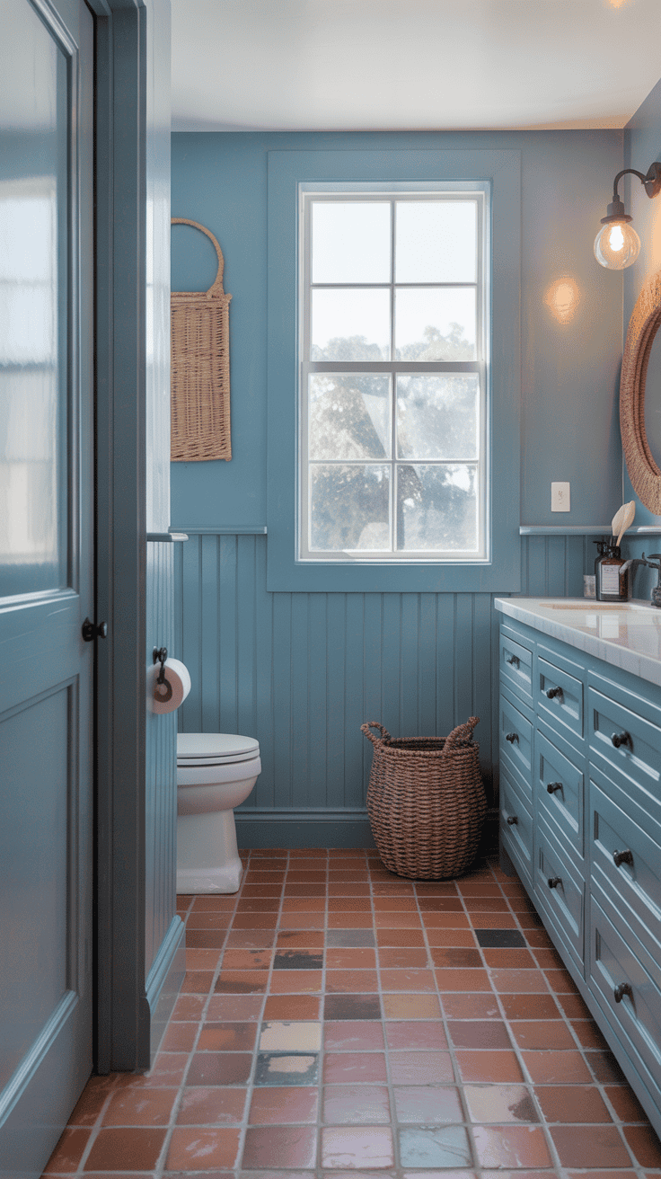 Terracotta and powder blue bathroom with matte black hardware and woven textures for a breezy Mediterranean feel.