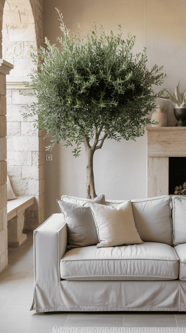 Indoor olive tree placed behind a sofa, creating a light and airy Mediterranean feel in a neutral living room.