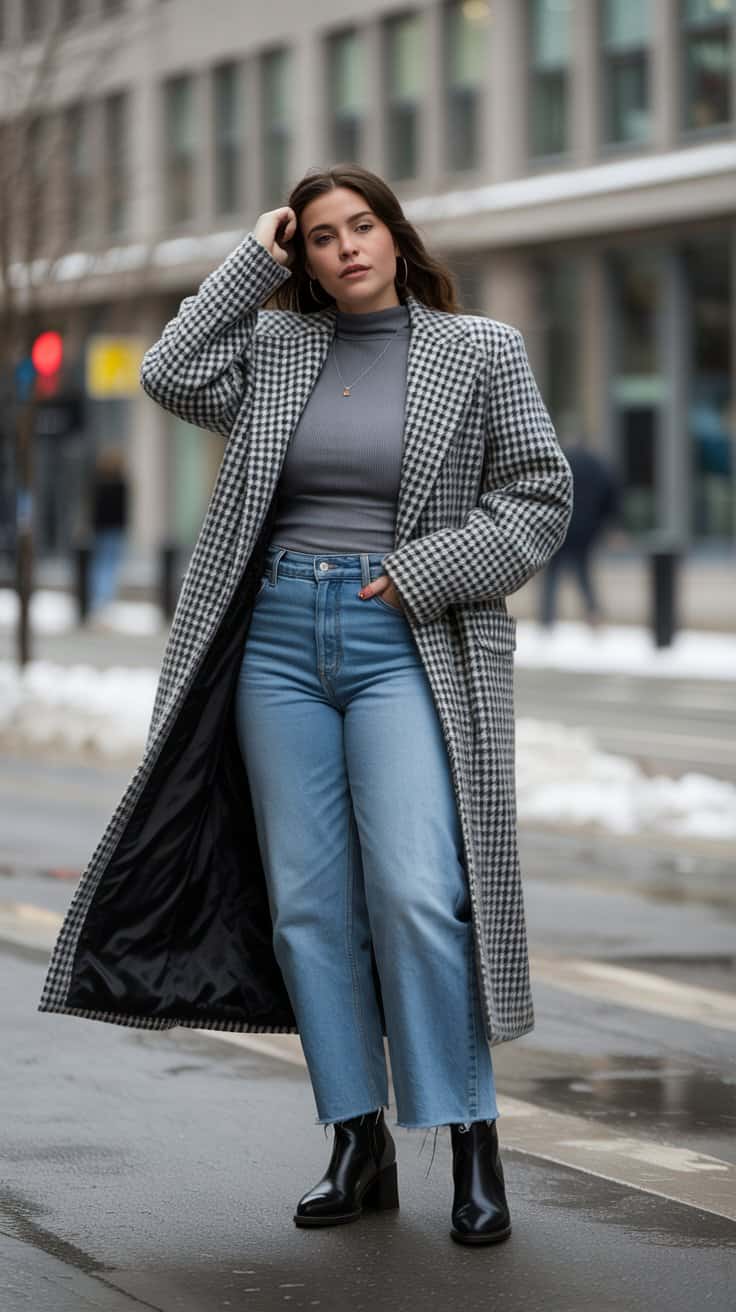 Mid-size woman wearing a statement coat layered over a monochrome winter outfit.