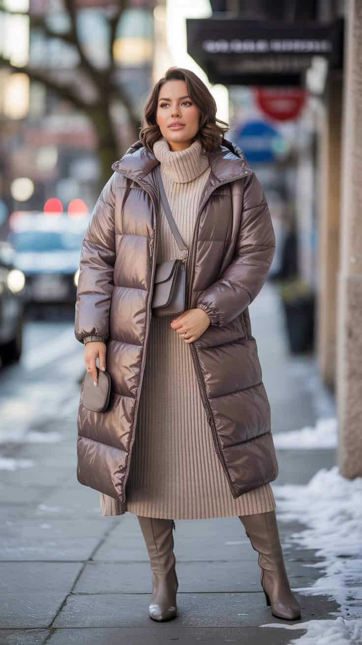 Mid-size woman wearing a puffer coat layered over a ribbed knit sweater and midi skirt with knee-high boots in a winter city setting.