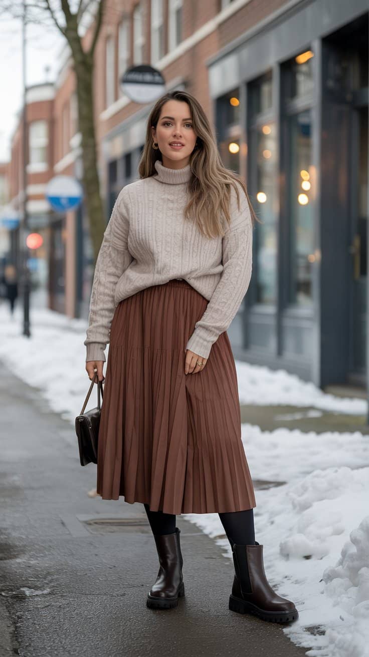 Mid-size woman styled in a midi skirt with chunky boots and a cozy knit sweater in winter.