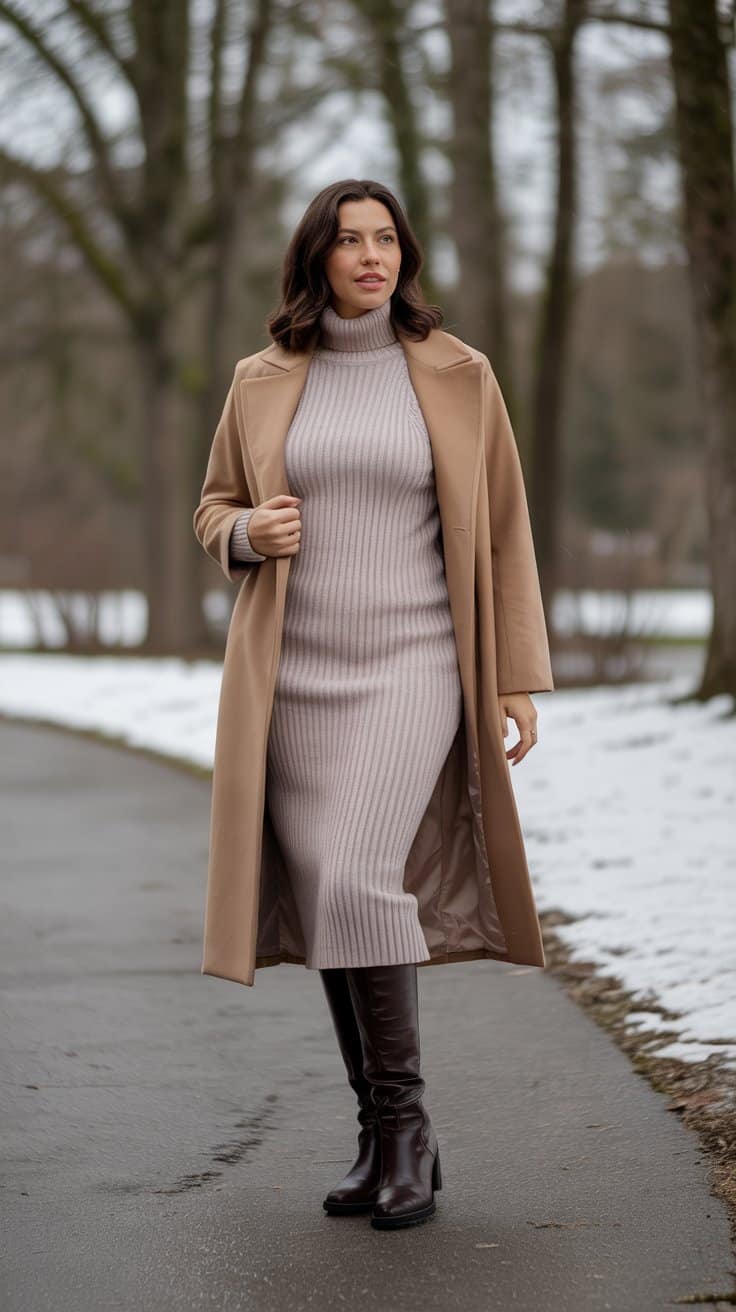 Mid-size woman wearing a midi sweater dress with knee-high boots and a long coat in winter.