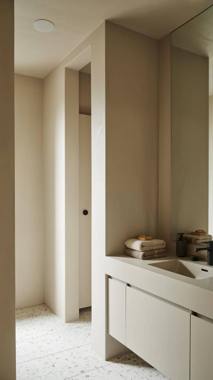 Scandinavian bathroom with a calm neutral color palette featuring soft whites, greige tones, and minimalist black fixtures.