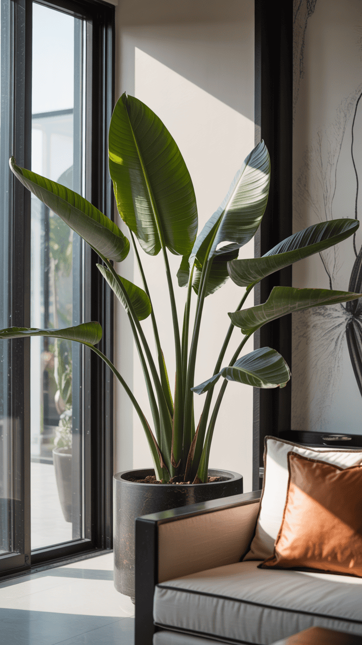 Bird of paradise plant behind a sofa, adding bold height and sculptural drama to a modern living room.