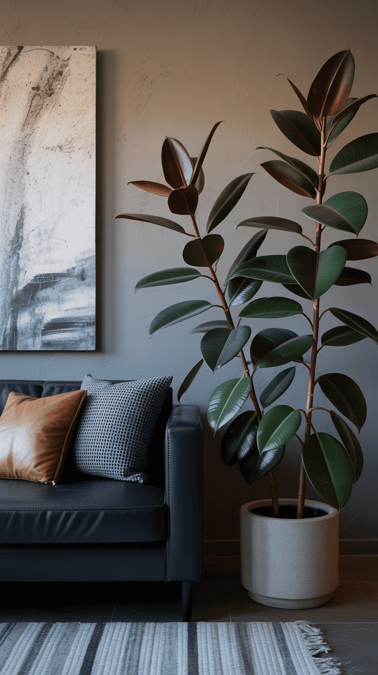 Parlor palm positioned behind a sofa, softening a low-light living room with feathery green texture.