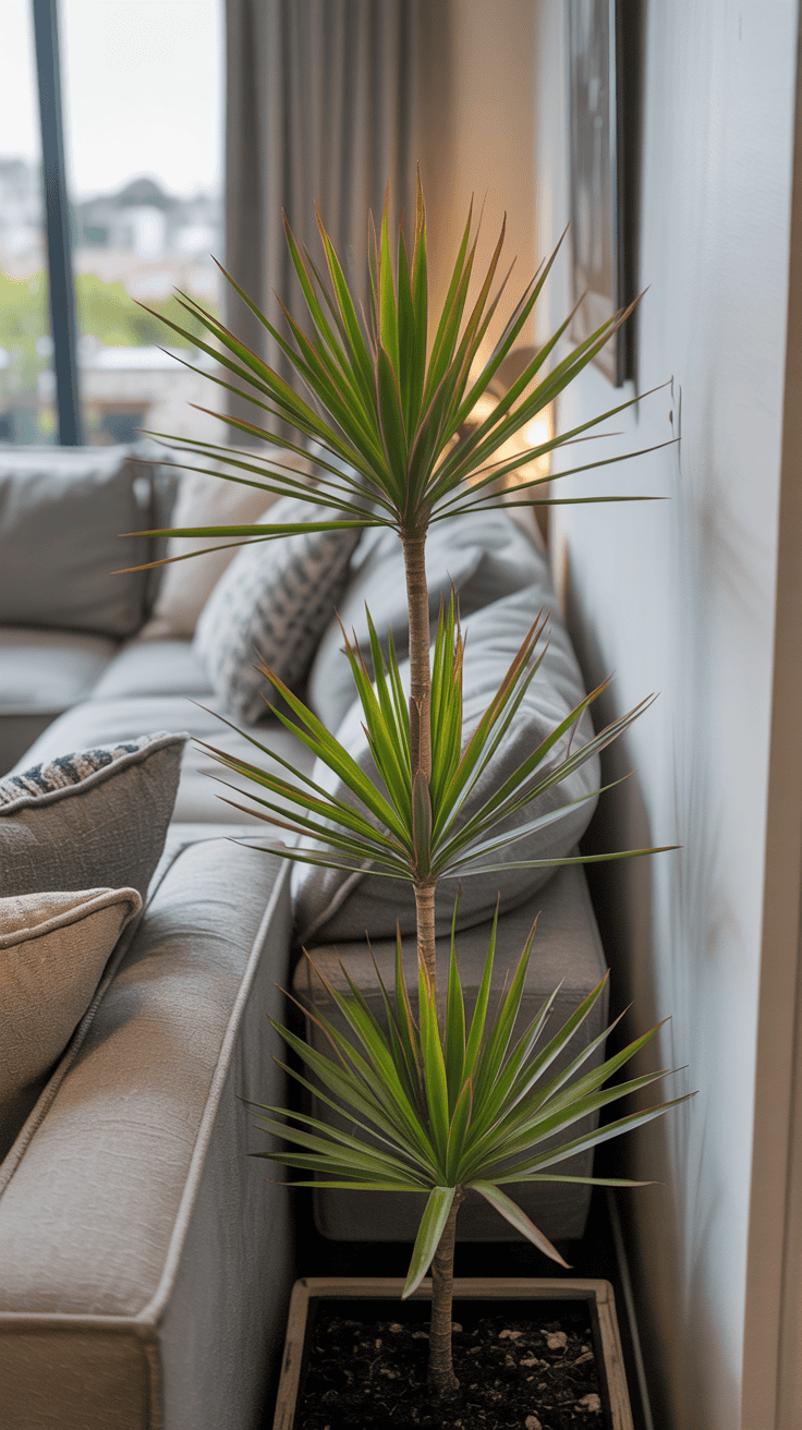 Tall rubber plant behind a sofa, adding structure and glossy texture to a modern living room.