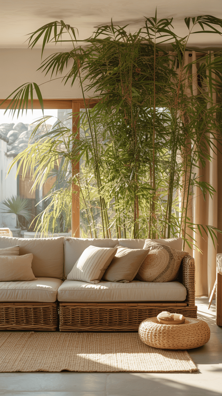 Slim dracaena marginata plant placed behind a sofa, ideal for narrow living room spaces.