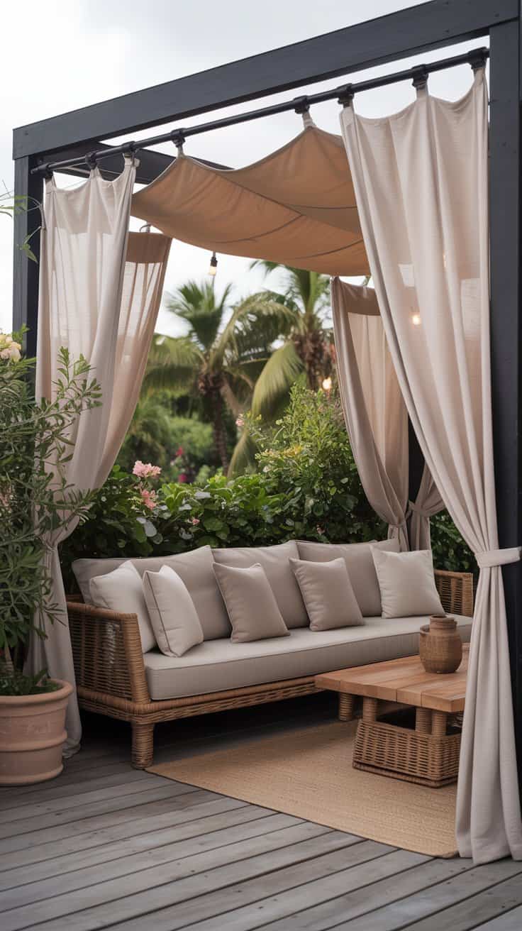 Outdoor curtains on a deck creating a private, resort-style retreat