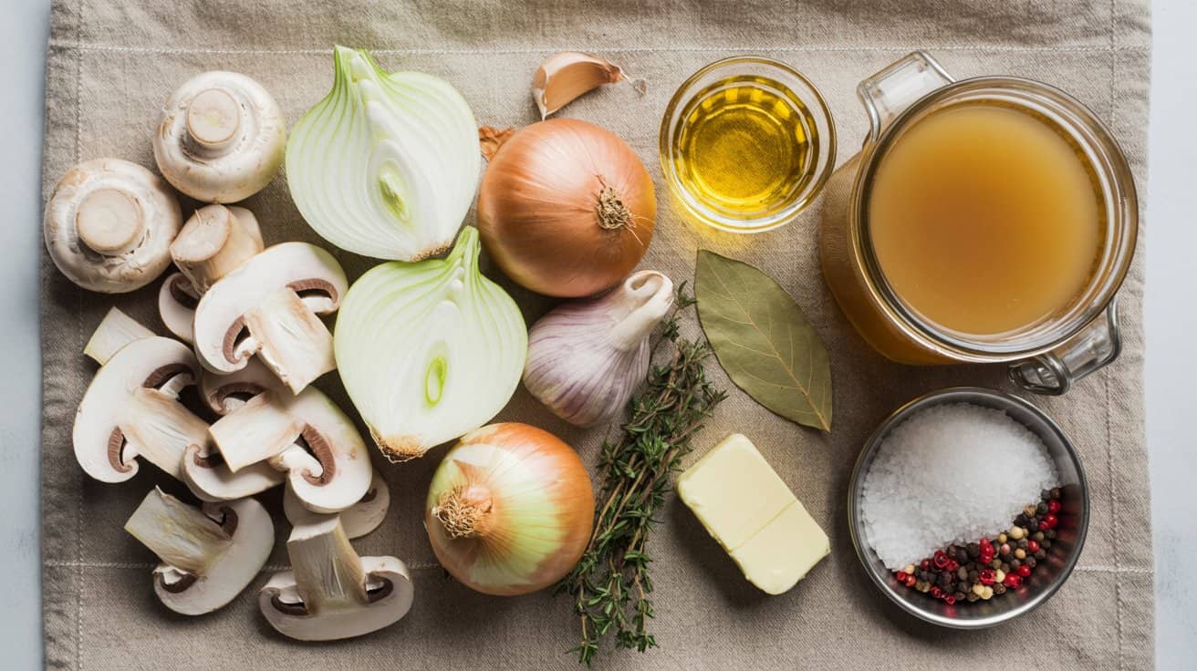 Fresh ingredients for mushroom and onion soup including mushrooms, onions, garlic, herbs, and broth arranged on a neutral surface.