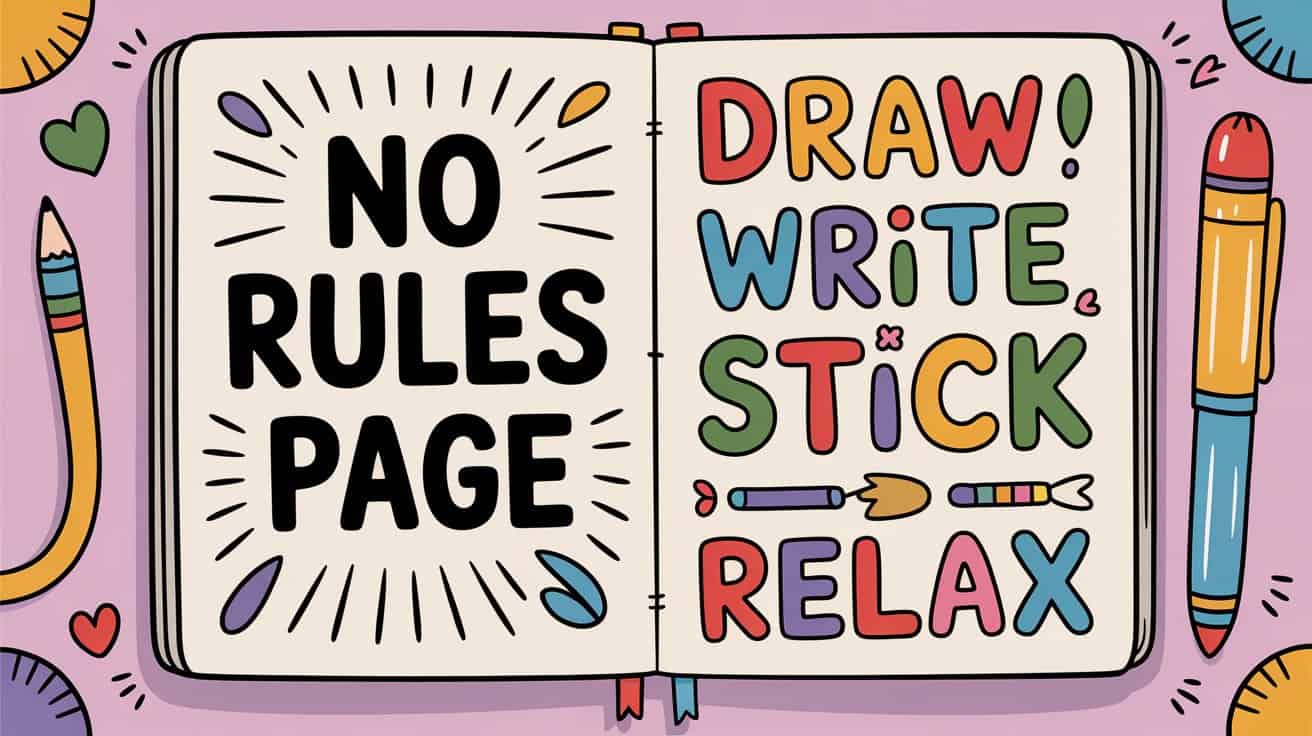 Playful illustration of an open notebook on a pink background with the phrases “NO RULES PAGE” and “DRAW! WRITE STICK RELAX,” surrounded by cartoon pencils, hearts, and colorful hand-drawn accents.