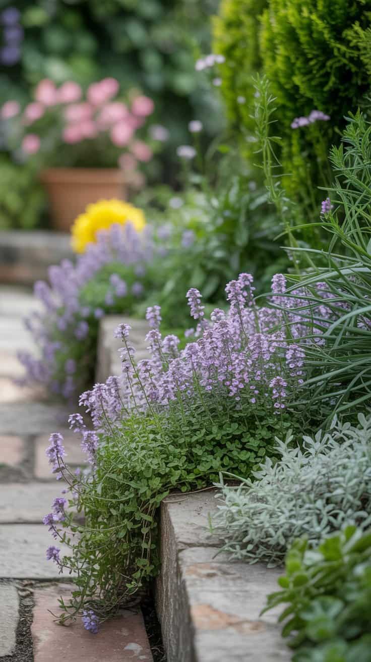 Spilling plants creating a relaxed low-maintenance cottage garden look