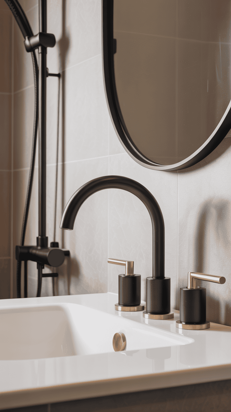 Minimal Scandinavian bathroom fixtures with soft rounded lines and matte black hardware for a quiet luxury look.