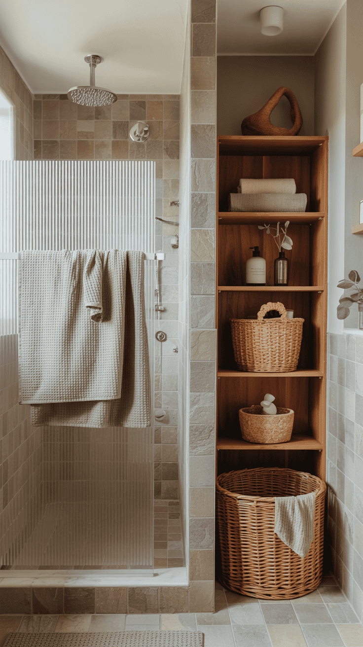 Scandinavian bathroom layered with textures like waffle towels, woven baskets, and ribbed glass for warmth and depth.