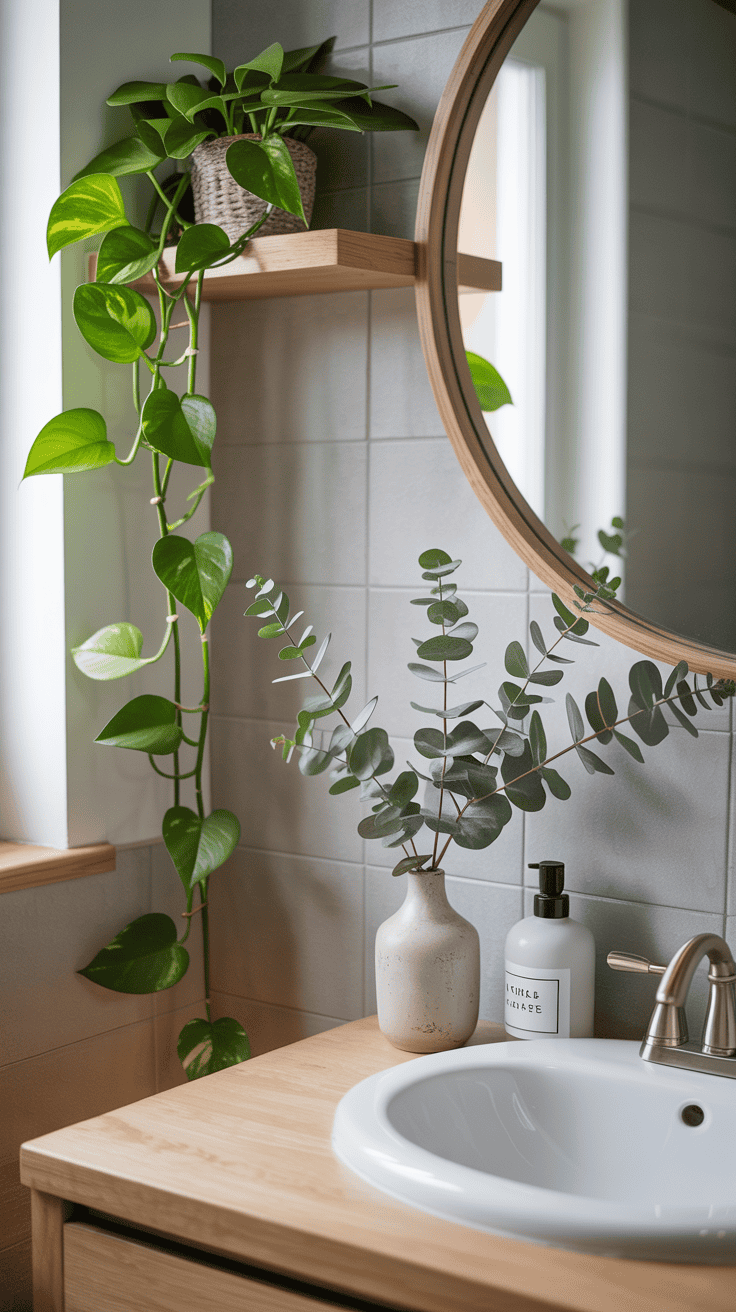 Scandinavian bathroom styled with low-maintenance greenery and eucalyptus for a fresh, natural spa feel.