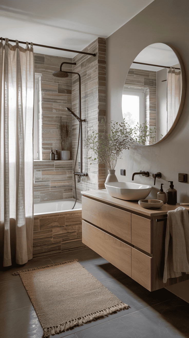Scandinavian bathroom using natural materials like oak wood, stone-look tiles, and linen for a warm, practical spa feel.
