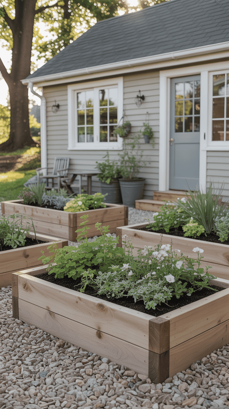 Raised cottage garden beds designed for a low-maintenance front yard
