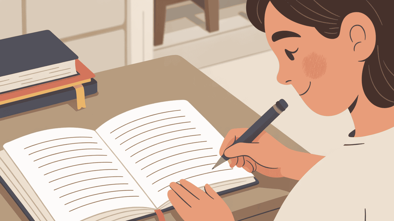 A serene workspace set up for guided journaling, featuring an elegant wooden desk with an open journal and a collection of colorful pens scattered around. In the foreground, a pair of hands poised over the journal, thoughtfully writing. The middle ground features a softly glowing candle, a potted succulent for a touch of nature, and a steaming cup of herbal tea, creating a calming atmosphere. In the background, a cozy bookshelf filled with inspirational books and a window allowing gentle natural light to filter in. The mood is tranquil and inviting, emphasizing introspection and creativity. The composition is captured with a soft-focus lens effect, evoking warmth and personal connection. Cartoon illustration of guided journaling showing a calm beginner writing in a notebook at a cozy desk.