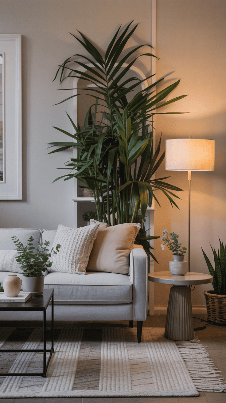 Styled living room with a tall plant behind the sofa, layered lighting, and balanced decor for a designed look.