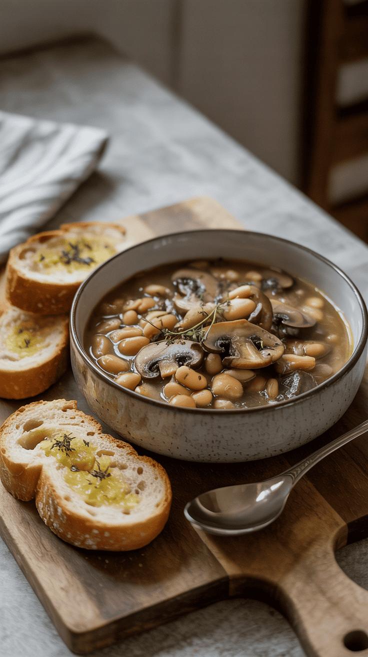 Mushroom and white bean protein soup served with crusty bread for a comforting plant-based meal.