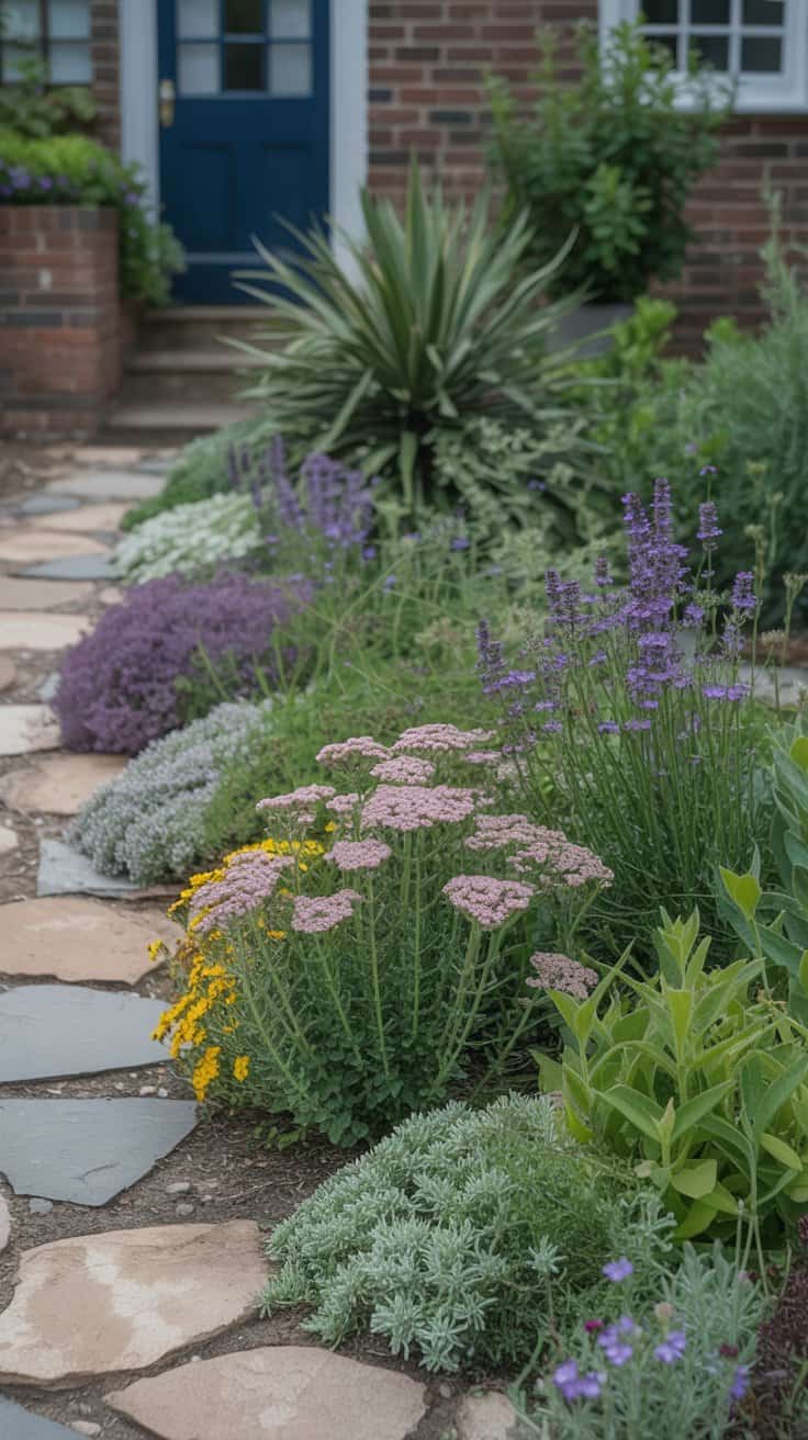 Drought-tolerant cottage plants in a low-maintenance front yard