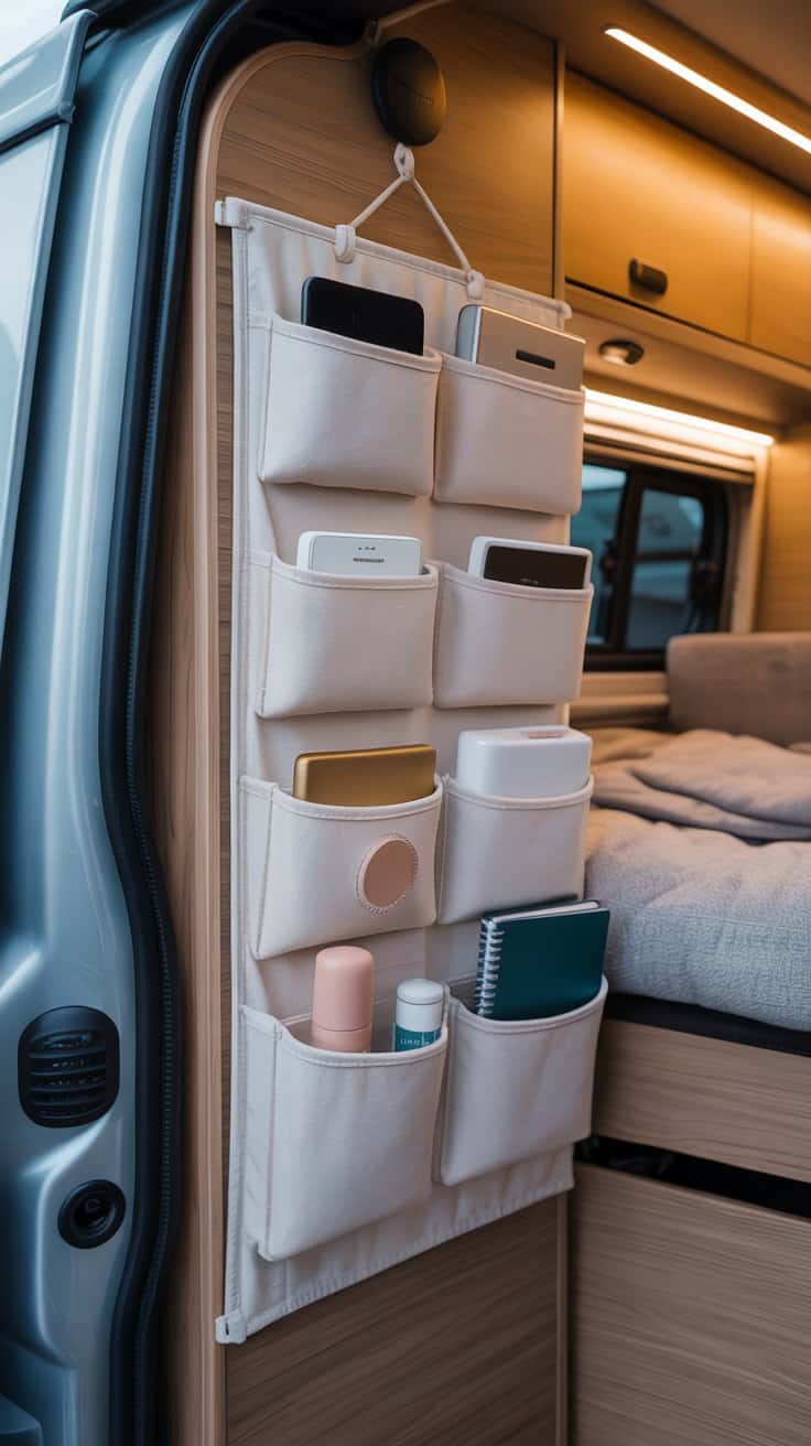 Canvas hanging organiser with neatly stored essentials inside a small camper.