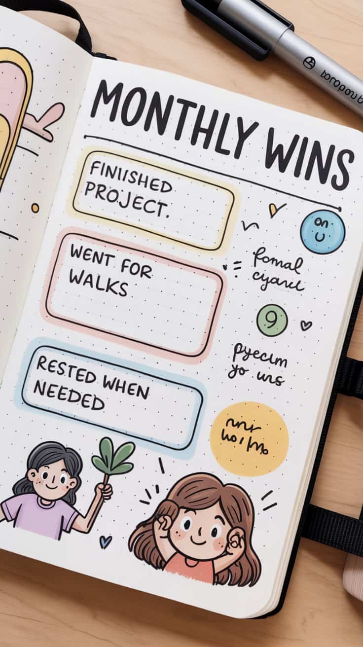 Cartoon bullet journal monthly wins page highlighting small achievements.