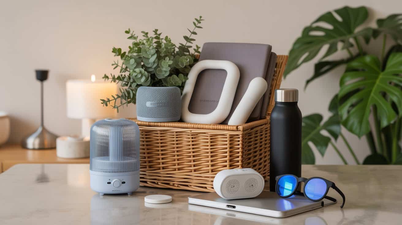 Wellness tech hamper with humidifier, diffuser, massager, smart water bottle, and blue-light glasses.