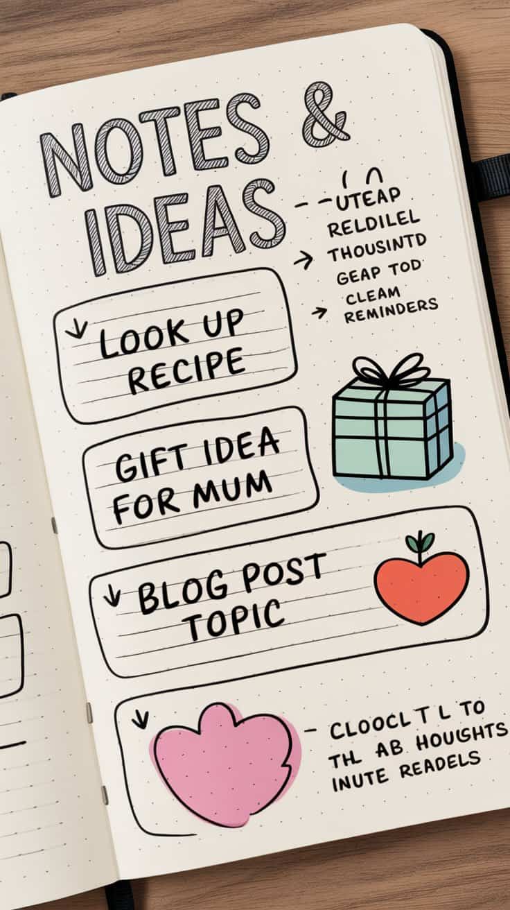 Cartoon bullet journal notes and ideas page used to capture clear thoughts and reminders.