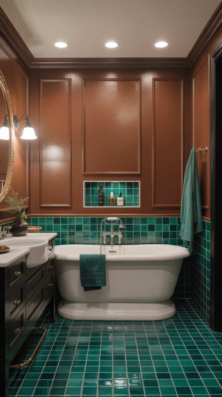 Wide shot: Rich, tailored bathroom with cocoa brown wall paint and/or cocoa floor tile, bright sky-white freestanding tub and sink, and precise accents of emerald via towels and a small tile inset behind the vanity. Aged brass or blackened bronze fixtures add depth; white keeps it fresh. Even, warm lighting flatters the brown and emerald tones. Mood: cozy, chic, chocolate-box elegance, no people.