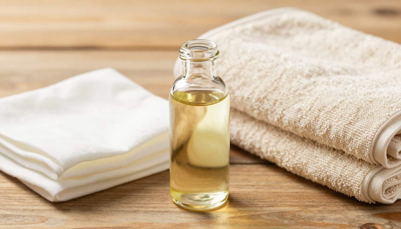 A bottle of organic castor oil with cotton cloths and a warm towel for natural detox