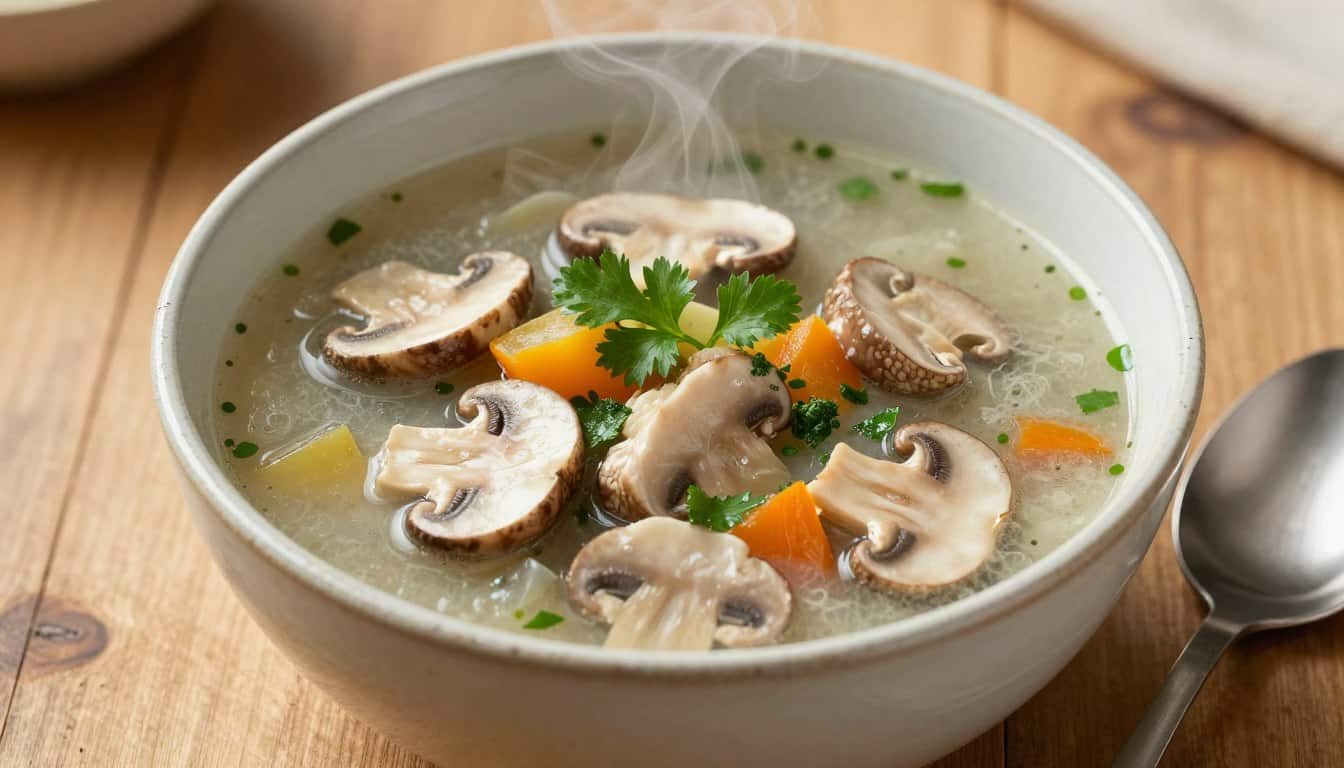 A cozy bowl of clean eating mushroom soup with fresh herbs and vegetables