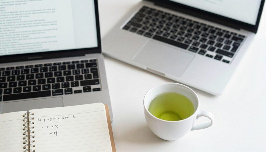 A focused workspace with a laptop, notebook, and cup of green tea