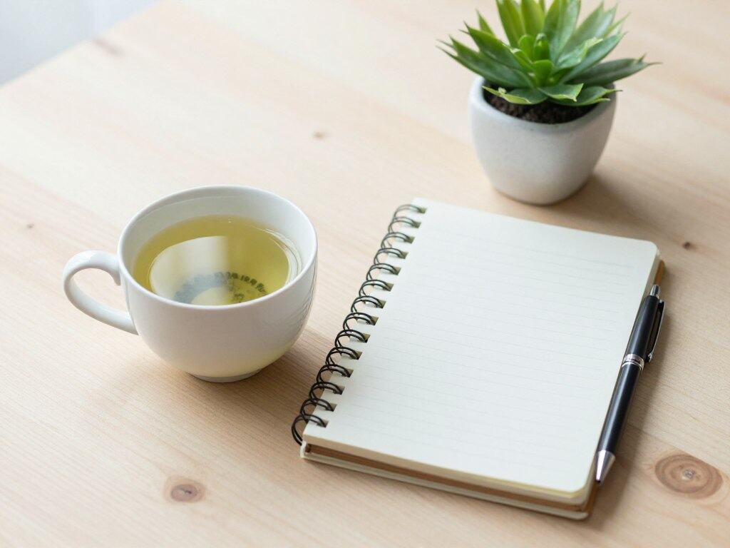 A simple morning routine with green tea, journal, and plants