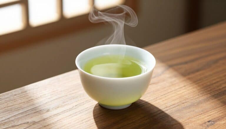 A steaming cup of green tea on a wooden table with morning light
