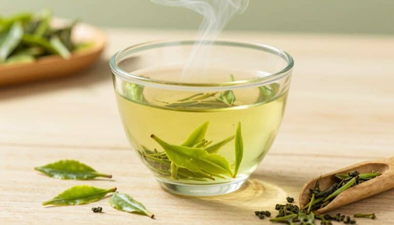 A steaming cup of green tea with tea leaves scattered nearby, showcasing the Health Benefits of Green Tea