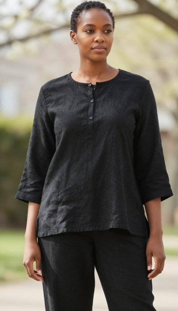 All-Black, Lightened for Spring look on a Black woman All-Black, Lightened for Spring look on a Black woman