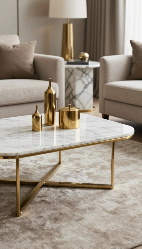 Art Deco living room with marble coffee tables and brass decorative elements