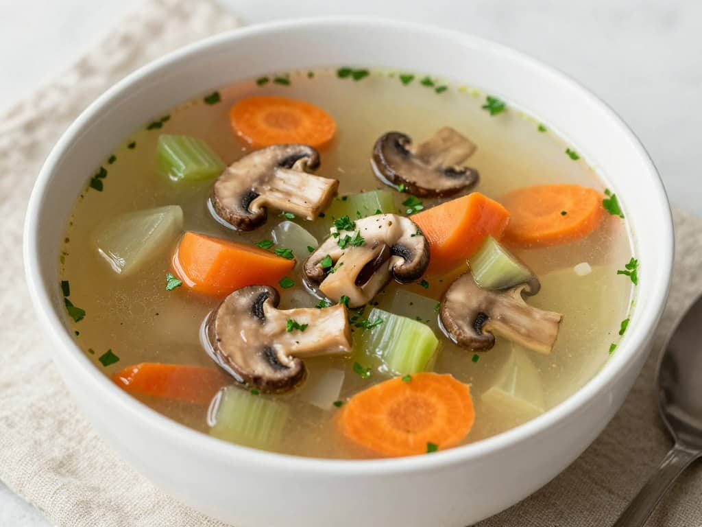 Bowl of mushroom garden vegetable soup with clean eating ingredients