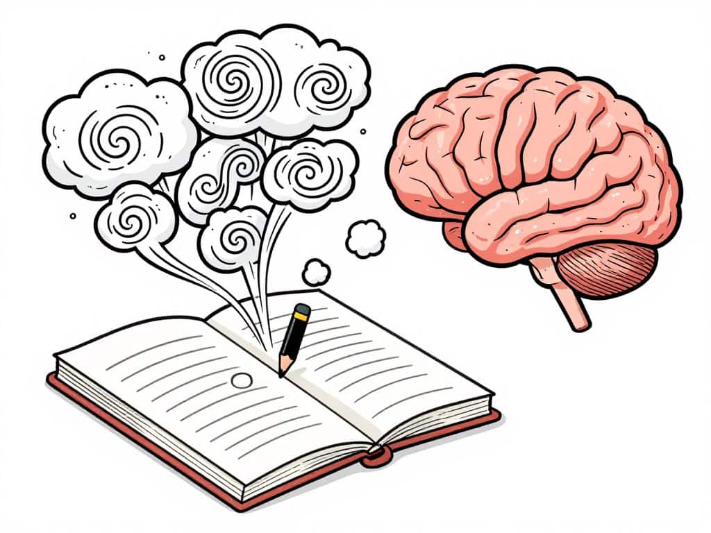 Brain with thoughts being transferred to journal page Brain with thoughts being transferred to journal page