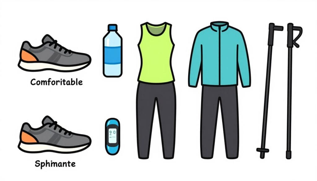Cartoon illustration of essential and optional walking gear items