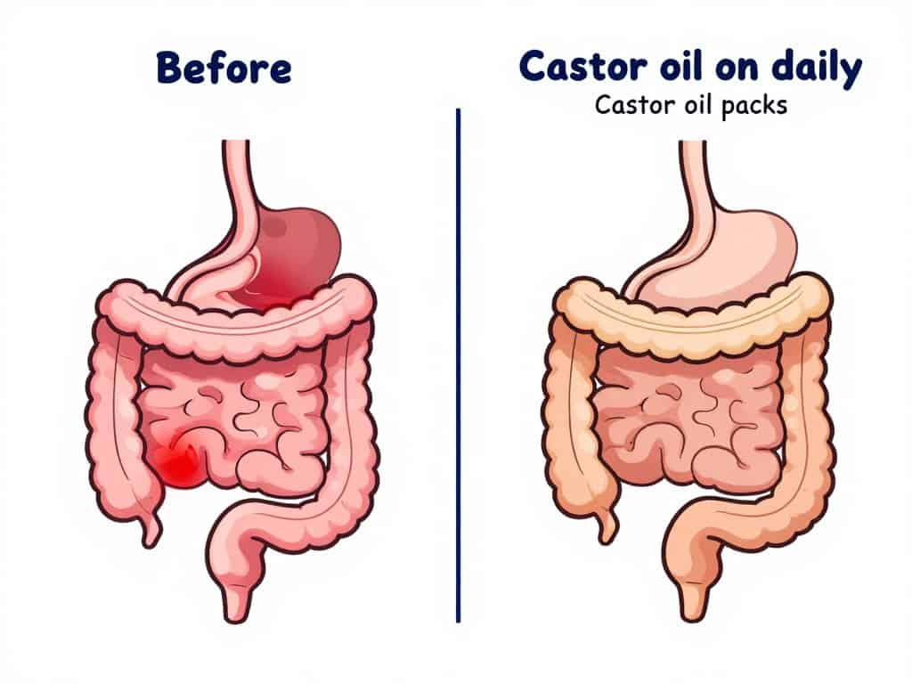 Cartoon of digestive system before and after daily castor oil pack use showing reduced inflammation