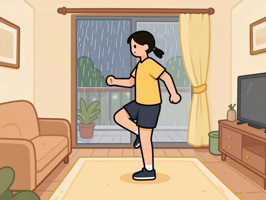 Cartoon of person doing indoor walking exercises in a small living room space