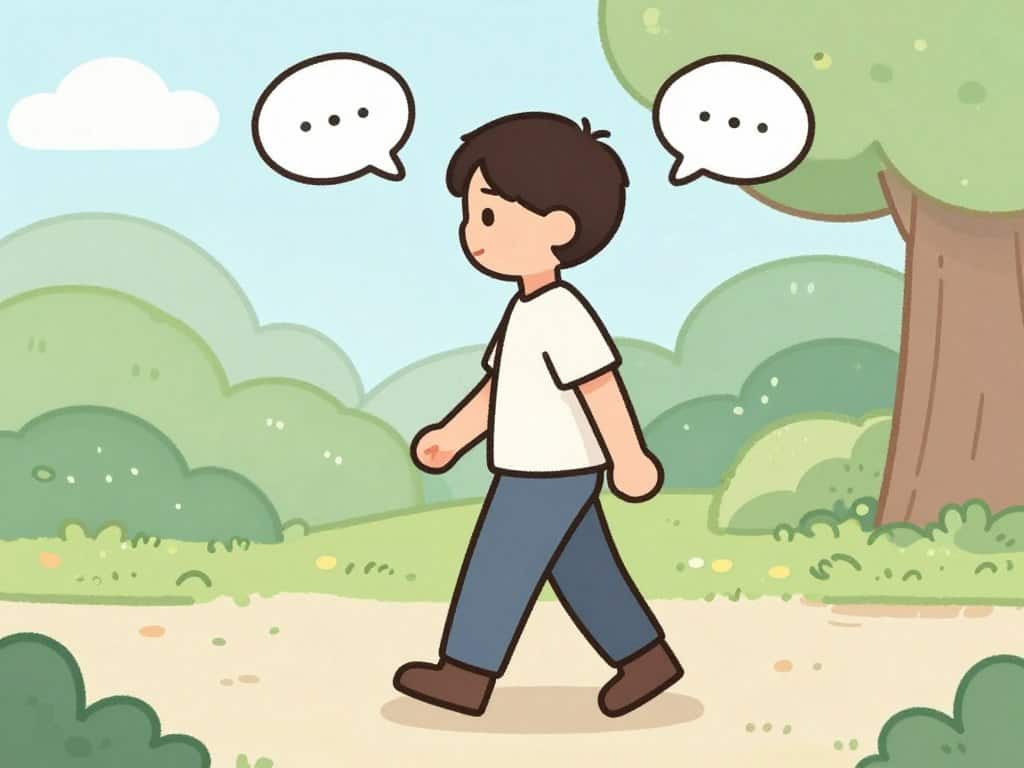 Cartoon of person doing mindful walking in a peaceful setting