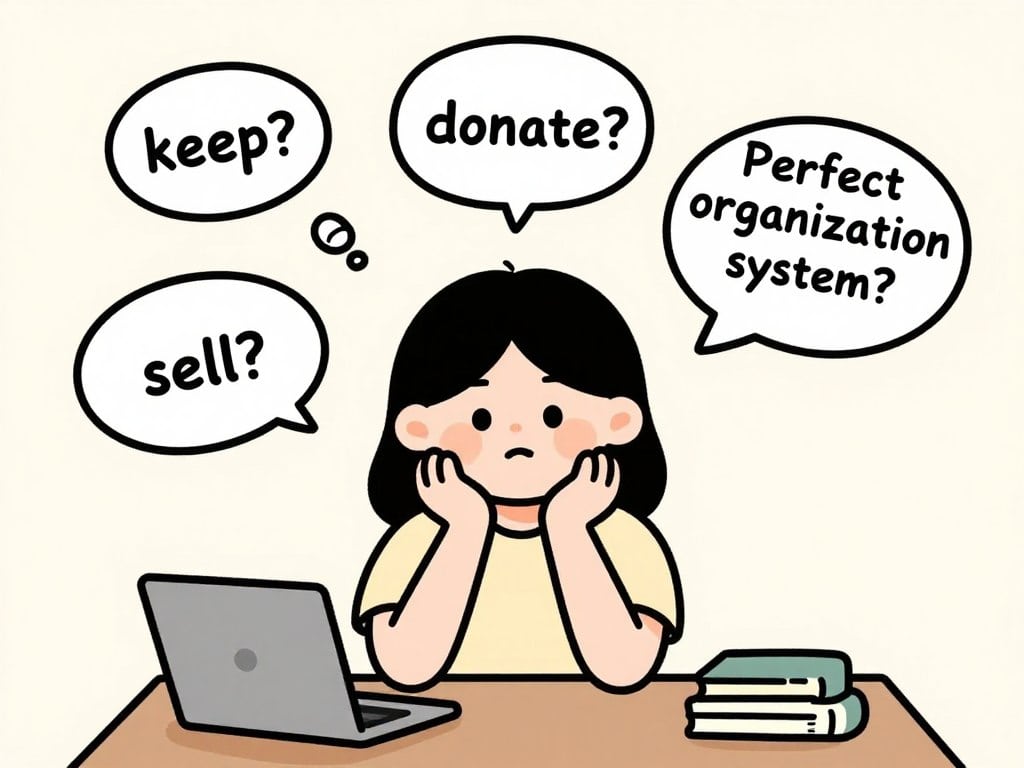 Cartoon of person overthinking decluttering decisions with multiple thought bubbles