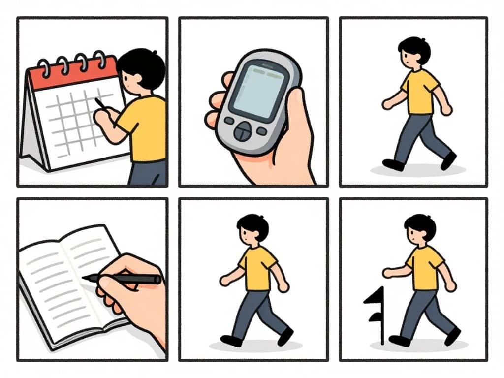 Cartoon showing different ways to track walking progress