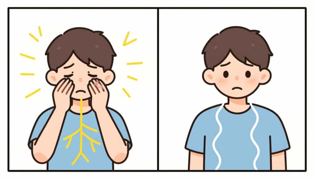 Cartoon showing nervous system calming with castor oil packs daily use, comparing stressed and relaxed states