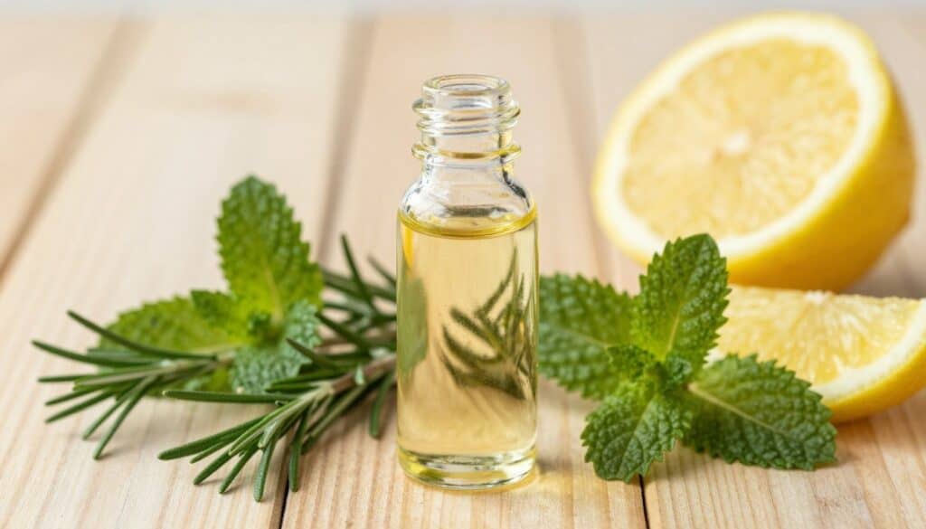 Castor oil bottle with fresh herbs and natural elements representing holistic detox