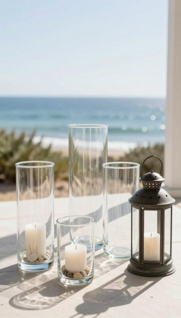 Clear glass vases and hurricane lanterns on a coastal patio