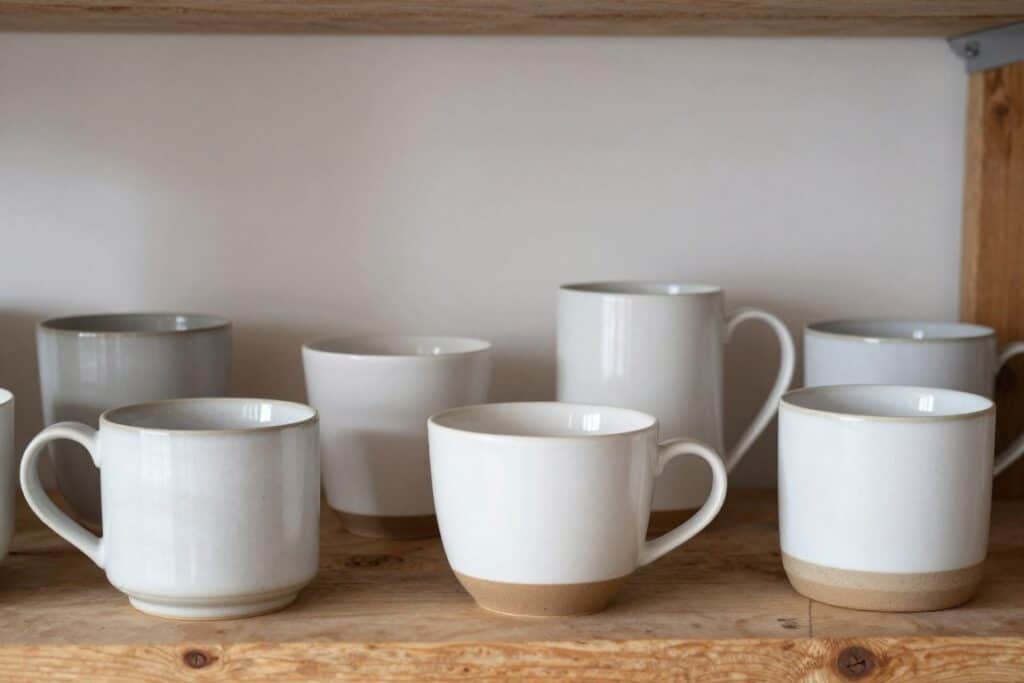 Collection of neutral-toned stoneware and ceramic mugs displayed on a rustic coffee bar shelf